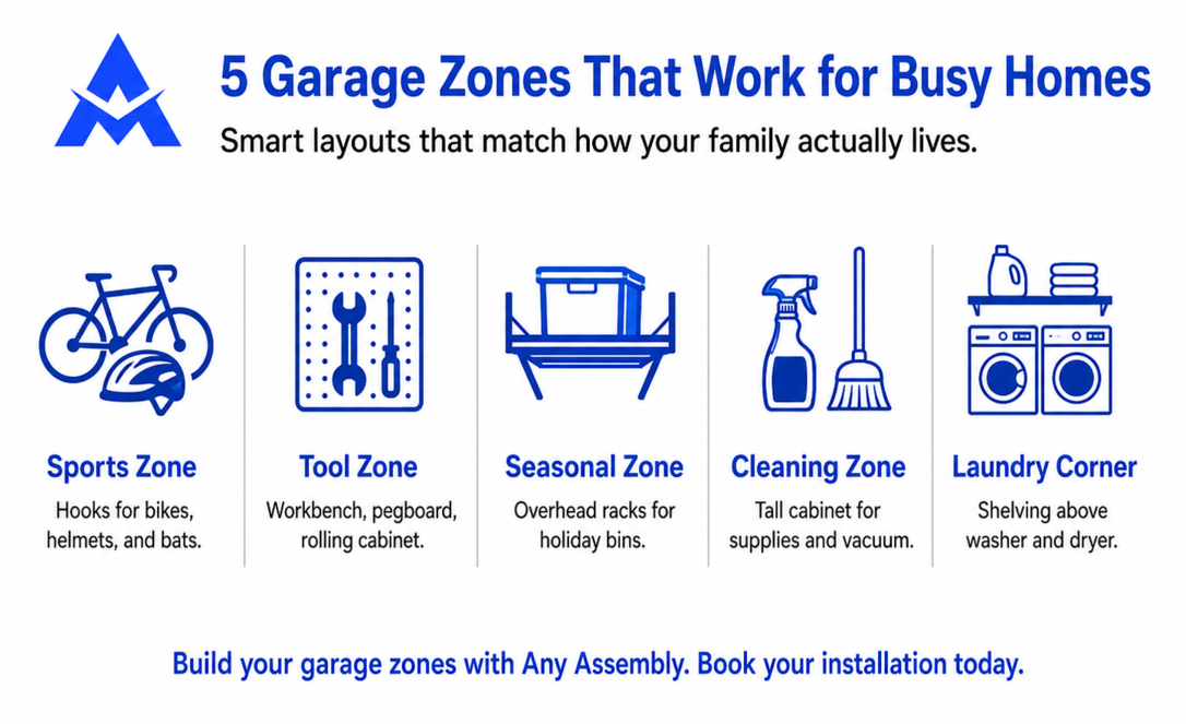 Infographic on 5 home zones: sports, tool, survival, cleaning, and laundry, with blue icons and text.