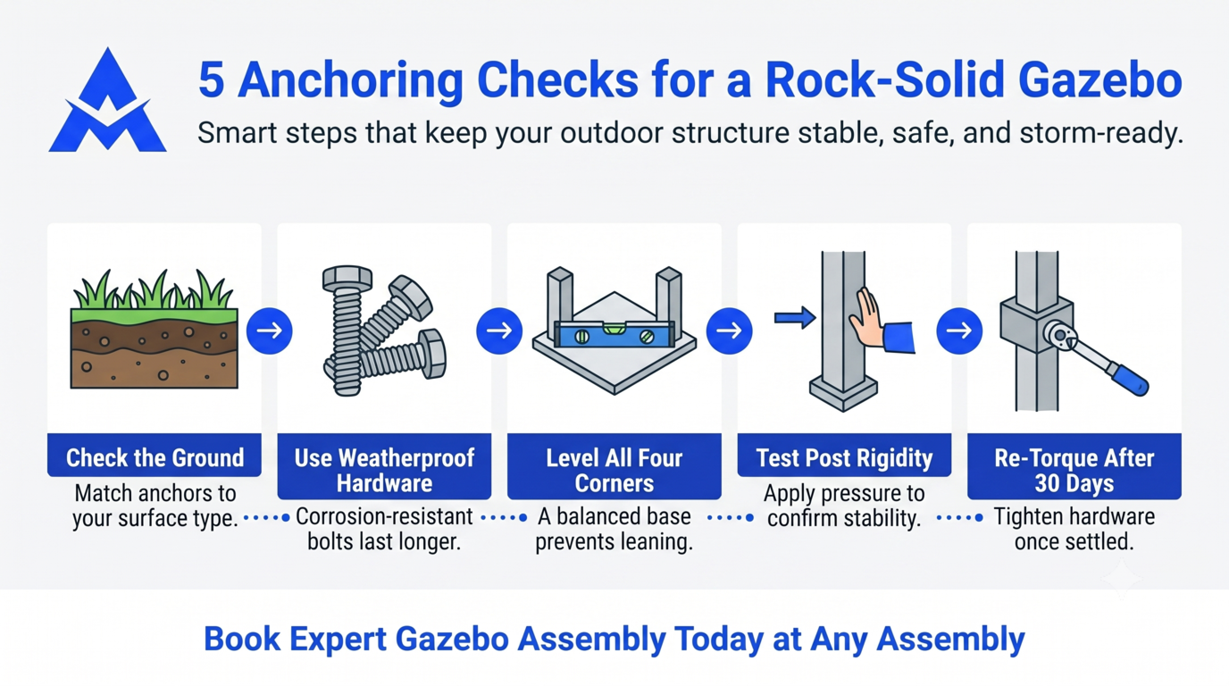 Infographic titled “5 Anchoring Checks for a Rock-Solid Gazebo” with five assembly steps and a booking callout.
