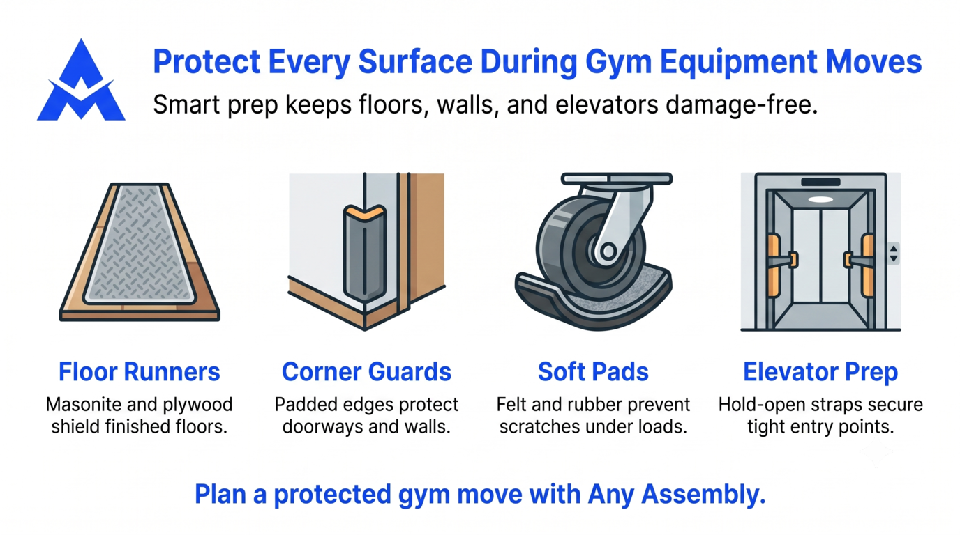 Infographic on protecting floors, corners, soft pads, and elevator prep during gym equipment moves