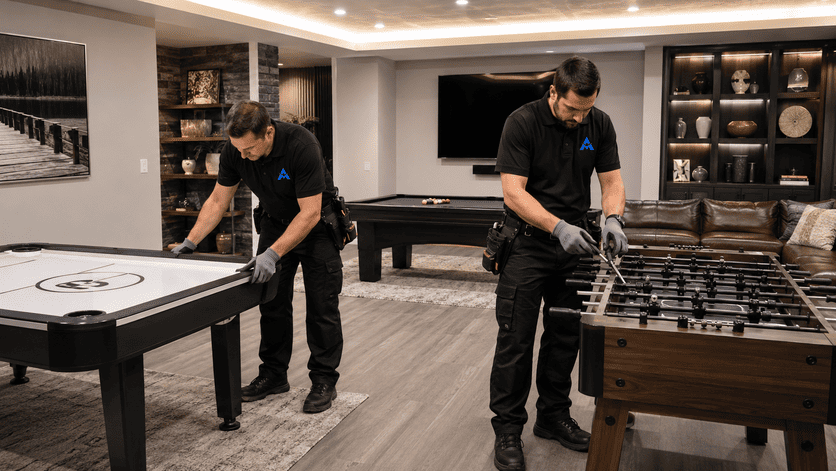 Two workers in black uniforms assemble game tables in a modern showroom.