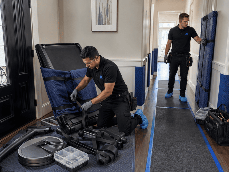 Two technicians in black uniforms moving equipment through a narrow hallway with blue tape lines
