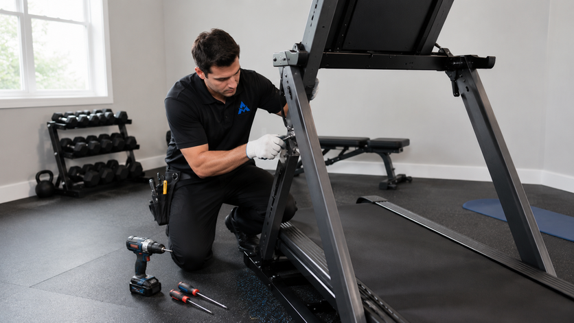 Technician kneels beside a treadmill, tightening a panel with tools in a gym setting.