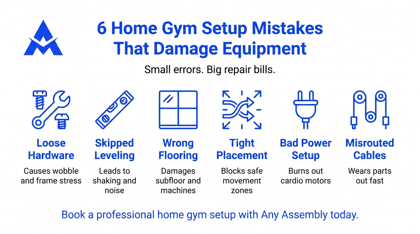 Blue infographic listing 6 home gym setup mistakes: loose hardware, skipped leveling, wrong flooring, tight placement, bad power, misrouted cables.