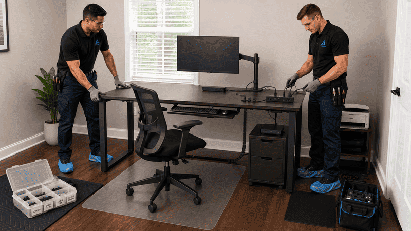 Two men assembling a desk setup in a home office with monitor, chair, and boxes
