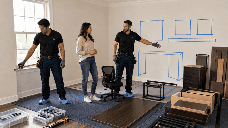 Two people in a room discuss a layout mockup beside stacked boxes and tables.