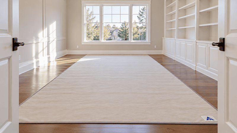 Bright empty living room with cream rug, white built-ins, and large window with trees outside