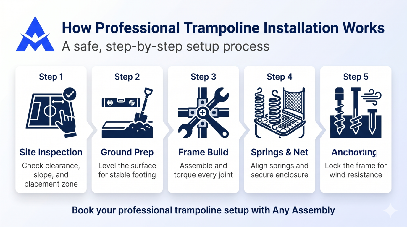 Step-by-step trampoline installation process infographic with five blue icons on white background