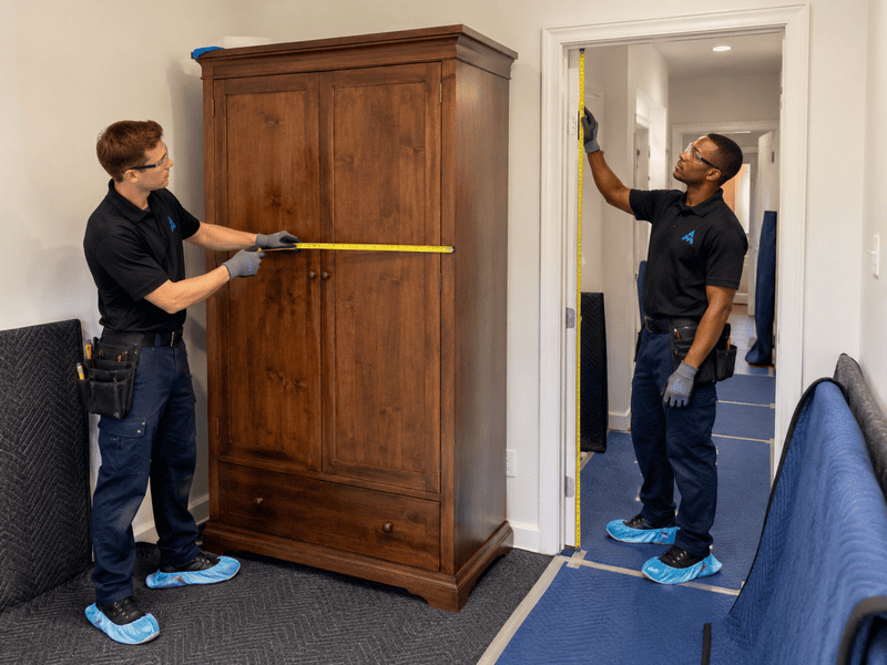 Two movers measure a tall wooden cabinet in a room during a move.