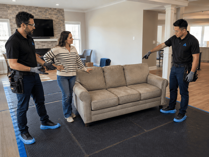 Three movers stand around a beige sofa in a living room, preparing to move it.