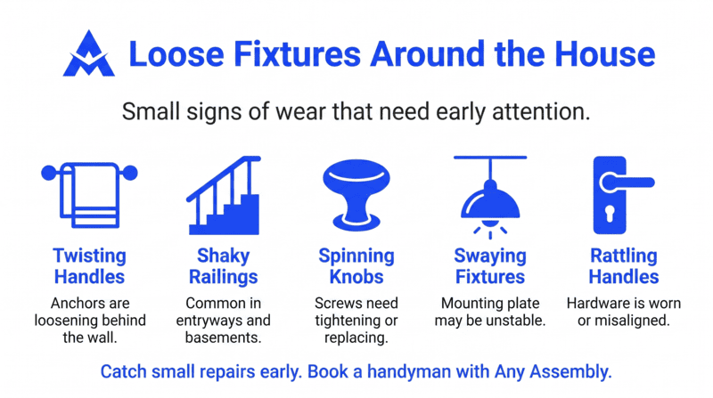 Infographic about loose fixtures in the home: twisting handles, shaky railings, spinning knobs, swaying fixtures, rattling handles.