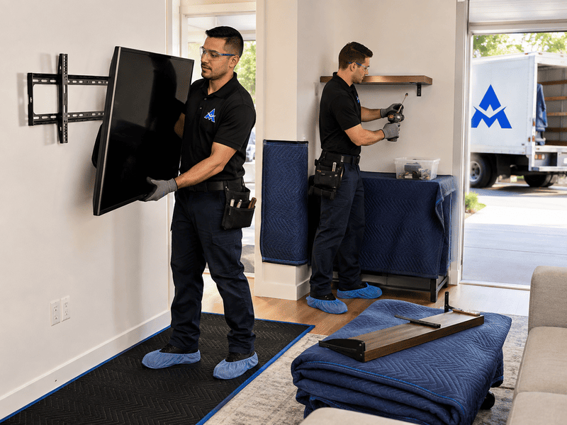 Two movers carry furniture in a home, moving a TV and shelving through a doorway.