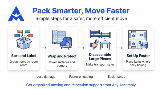 Blue moving-services infographic: “Pack Smarter, Move Faster” with four packing tips and icons.