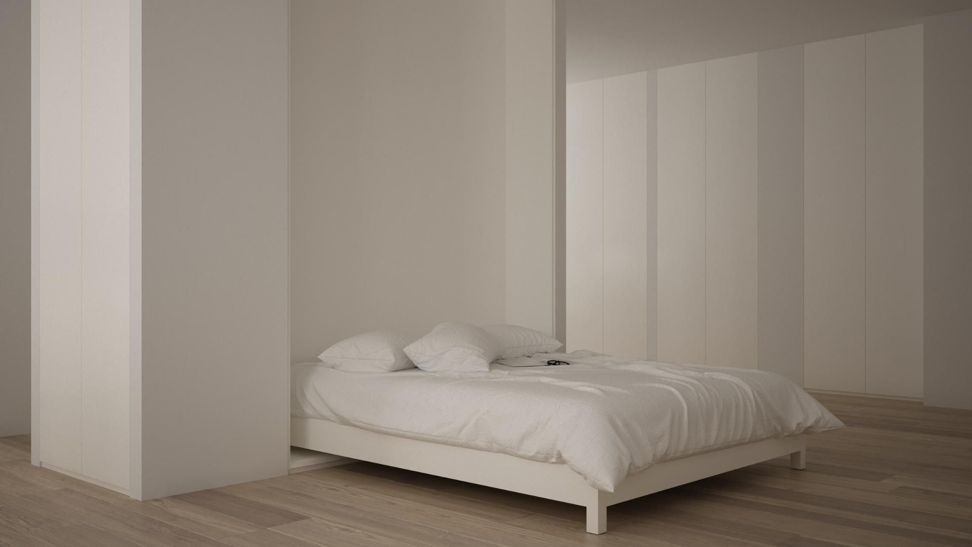 There is a bed in the middle of the room.