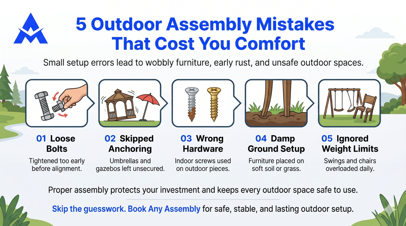 Blue infographic titled “5 Outdoor Assembly Mistakes That Cost You Comfort” with five labeled tips and caution icons.