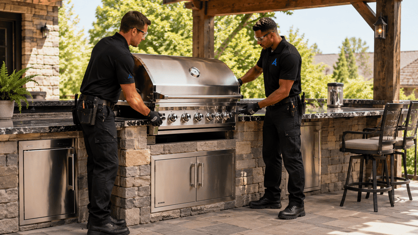 Two workers adjusting a stainless steel grill in an outdoor stone patio kitchen