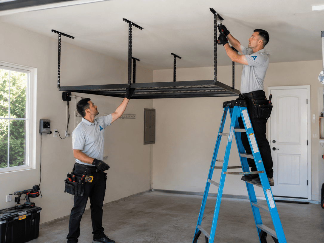 Two workers assembling a ceiling-mounted garage storage rack, one on a ladder.