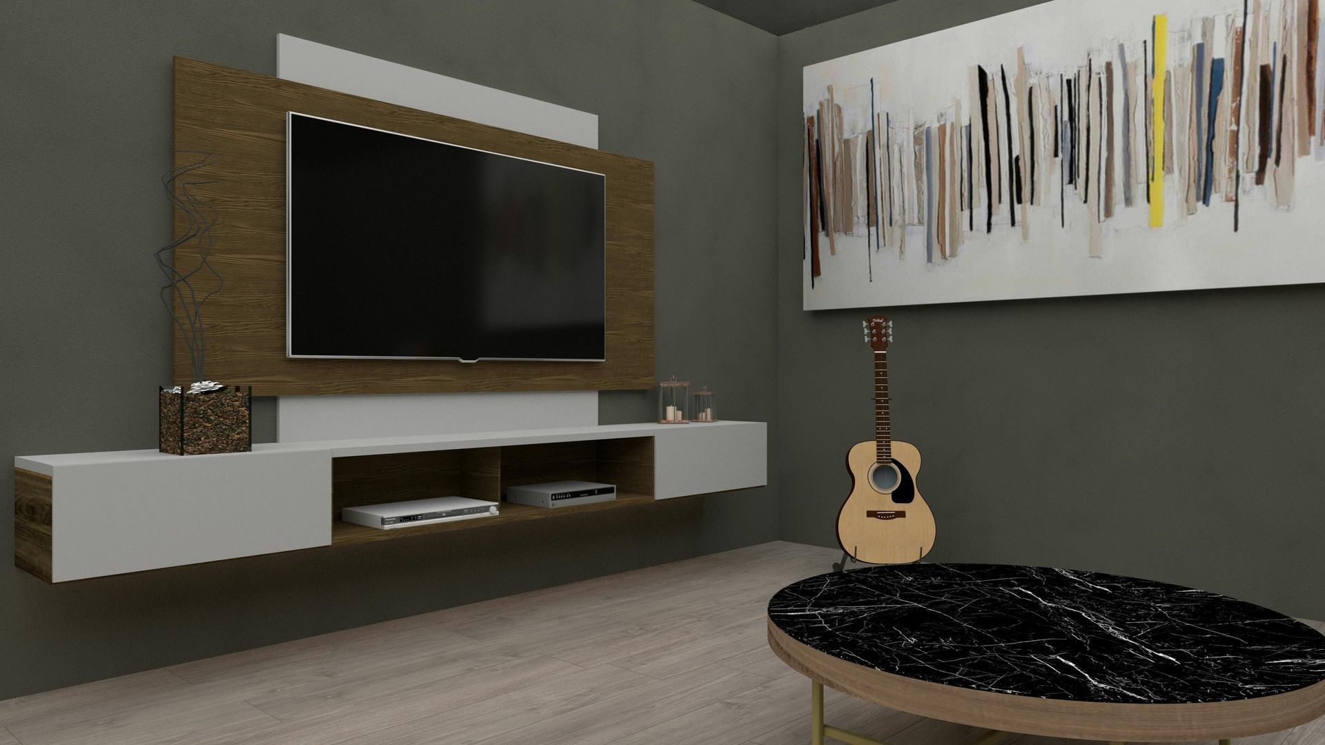 A large flat-screen TV mounted on a wall above a surface with home decor, including a teal plate and an orange vase.