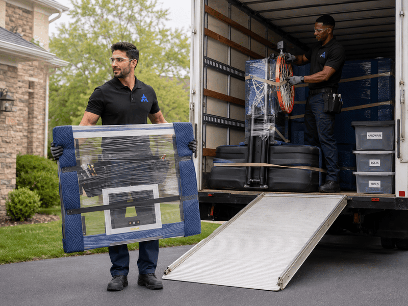 Two movers unloading a wrapped appliance from a truck using a metal ramp