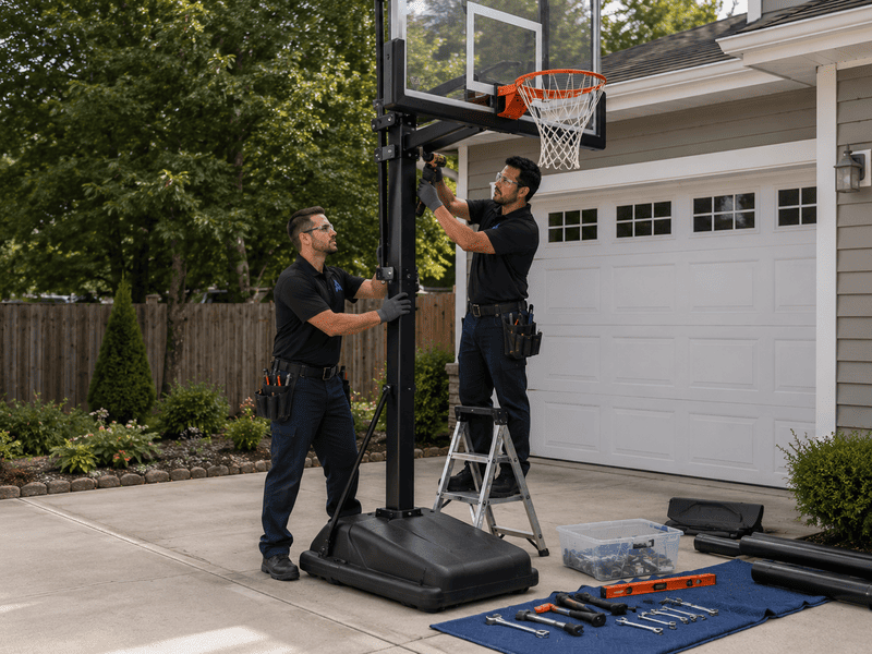 Two workers stand beside a truck loaded with blue moving equipment on a residential street.
