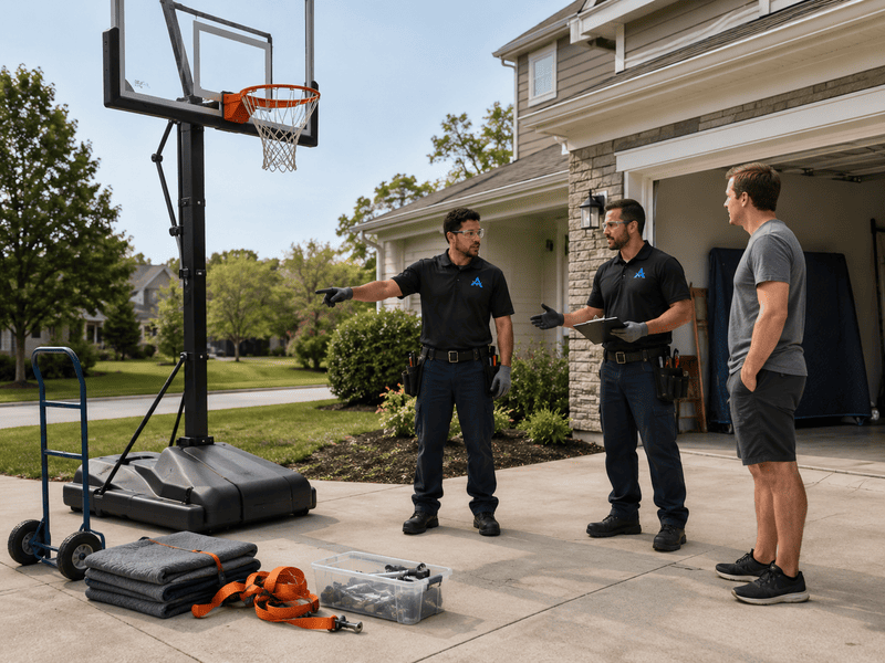 Three men stand beside a portable basketball hoop in a suburban driveway, discussing setup.