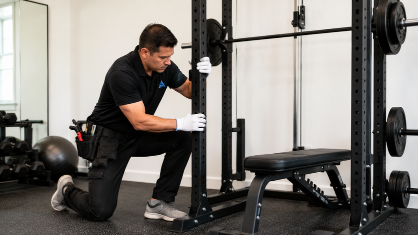 Man kneeling beside a weight bench, adjusting a squat rack in a bright gym.