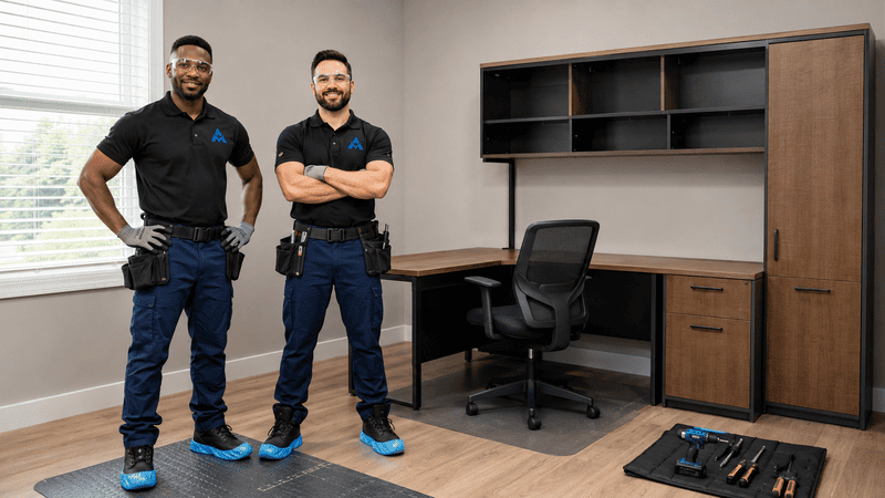 Two men standing beside a black-and-wood office desk and shelving unit in a showroom.