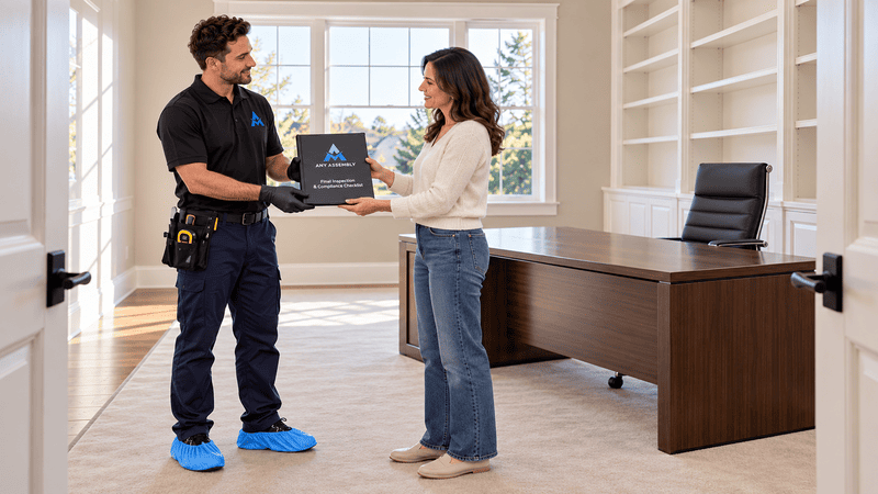 Two people exchanging a document in a bright office with a desk and shelves behind them