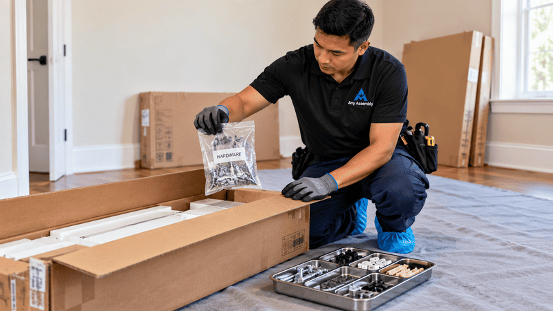 Technician kneeling on floor, unpacking hardware parts from cardboard boxes in a room.