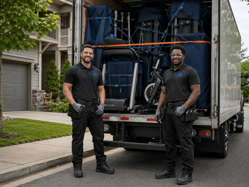 Two workers stand beside a truck loaded with blue moving equipment on a residential street.