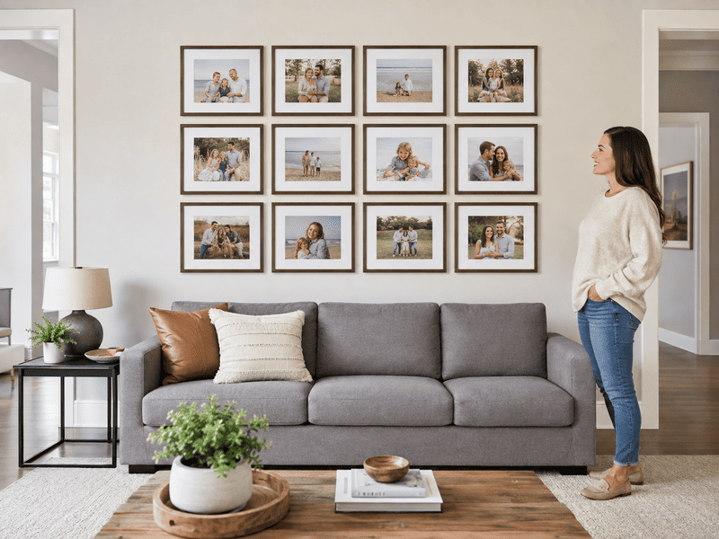 Modern living room with a gray sofa, framed wall art, and a woman standing beside it