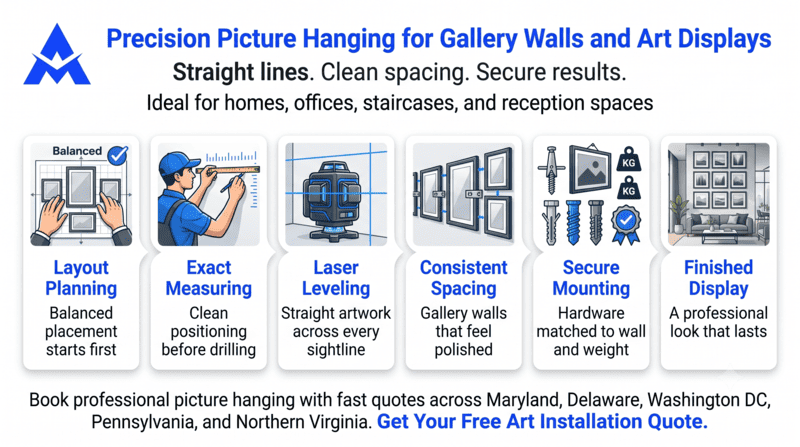 Promo banner for picture hanging, with six blue-and-white service panels and gallery art installation text