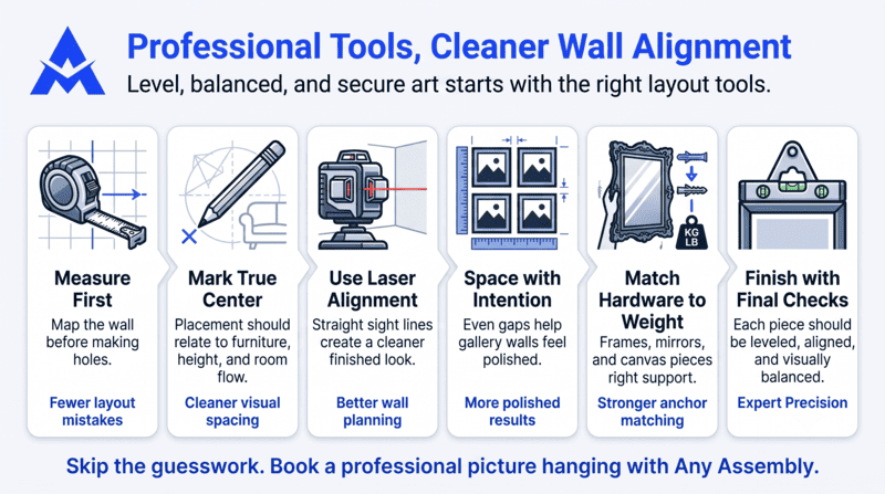 Blue infographic titled “Professional Tools, Cleaner Wall Alignment” showing five wall-hanging tools and tips.
