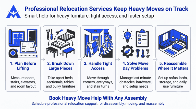 Infographic: professional relocation services with 5 steps for heavy furniture moving, blue icons and white background