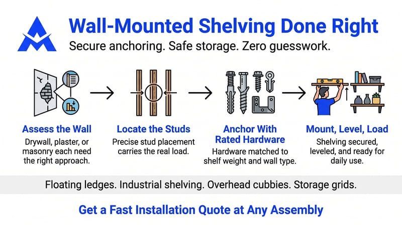 Blue-and-white infographic on wall-mounted shelving: assess wall, locate studs, anchor, then mount and level shelves