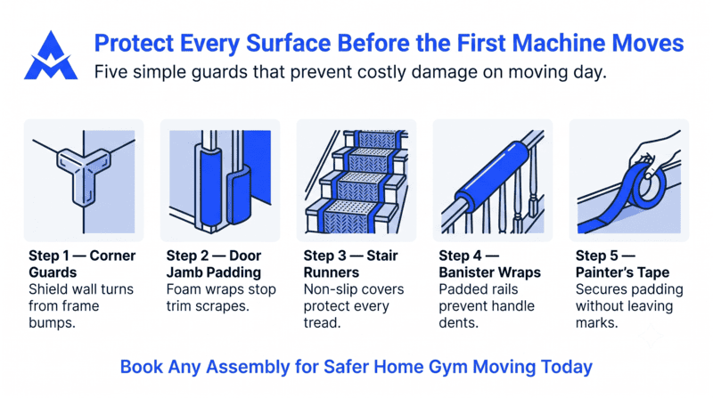 Blue moving-company infographic with five steps to protect surfaces before a move, showing guards on corners, doors, stairs, doors, and TV stairs.