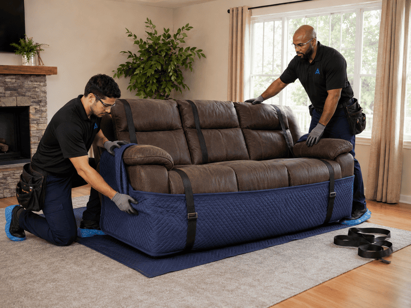 Two workers move a brown sofa with furniture sliders in a living room