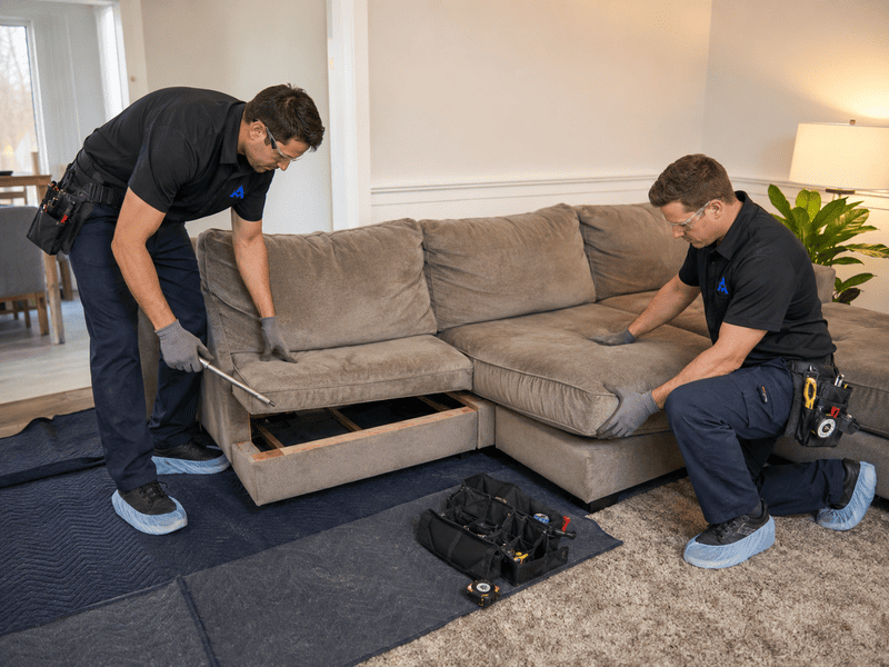 Two workers lifting a sectional sofa cushion to access a hidden compartment in a living room