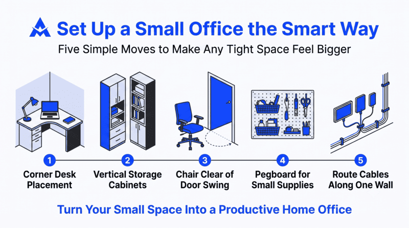 Blue infographic on small office setup with desk, storage, chair, pegboard, and cable route tips