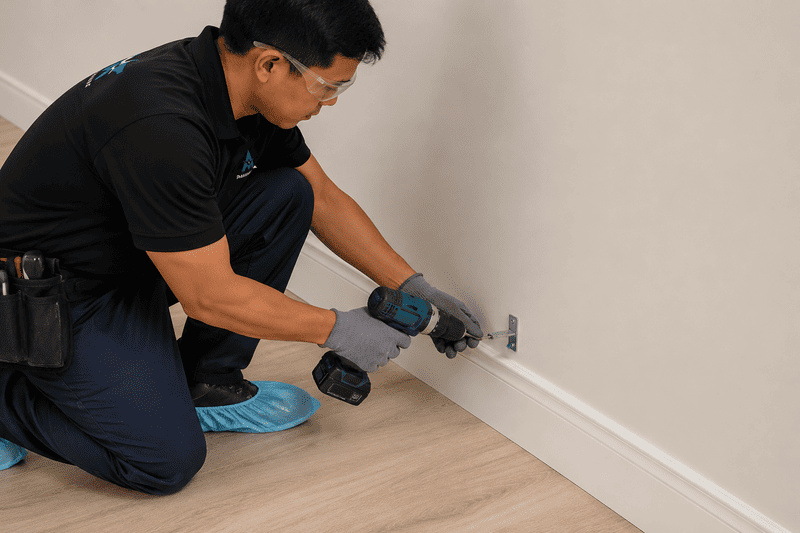 Technician kneeling and using a drill to install or repair a white baseboard along a wall with light wood flooring.