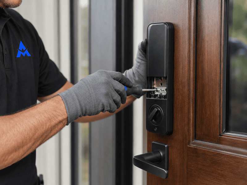 Technician using a screwdriver to install a smart door lock on a wooden front door