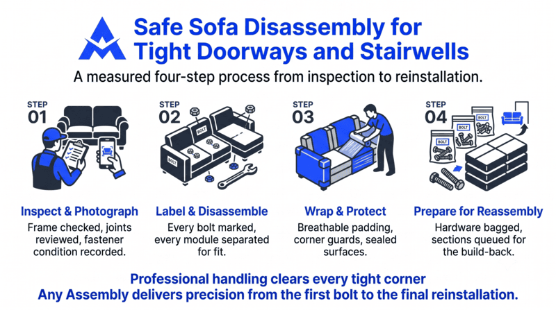Infographic on safe sofa disassembly for tight doorways and stairwells, showing four blue step-by-step panels