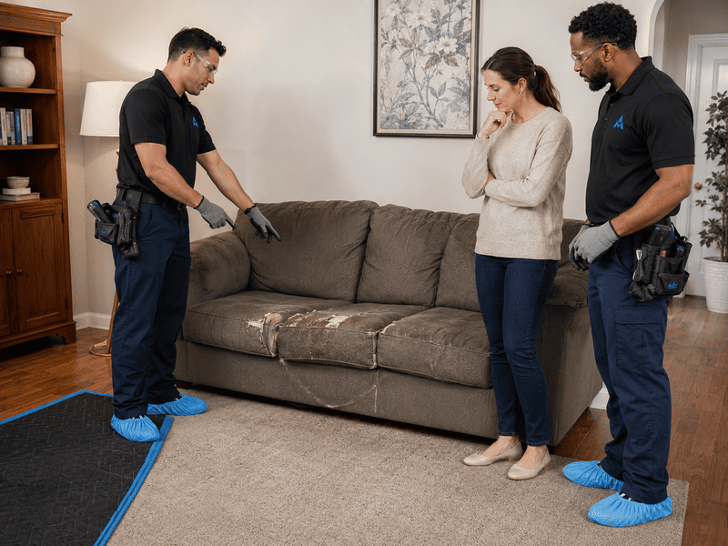 Two technicians inspecting a living room sofa while a woman stands nearby.