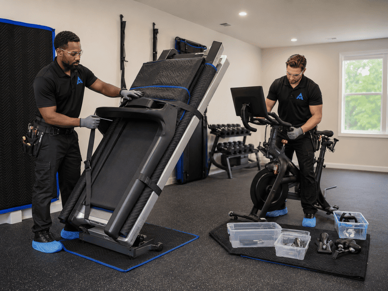 Two technicians assembling a large treadmill in a bright room with tools and parts on the floor