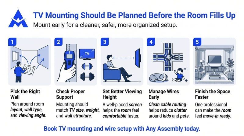 Infographic showing five steps for TV mounting: plan, support, install, manage wires, and finish with extra space.