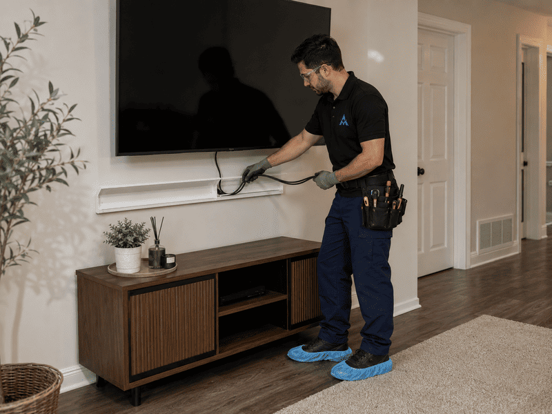Technician adjusting a wall-mounted TV in a living room beside a wooden media console.