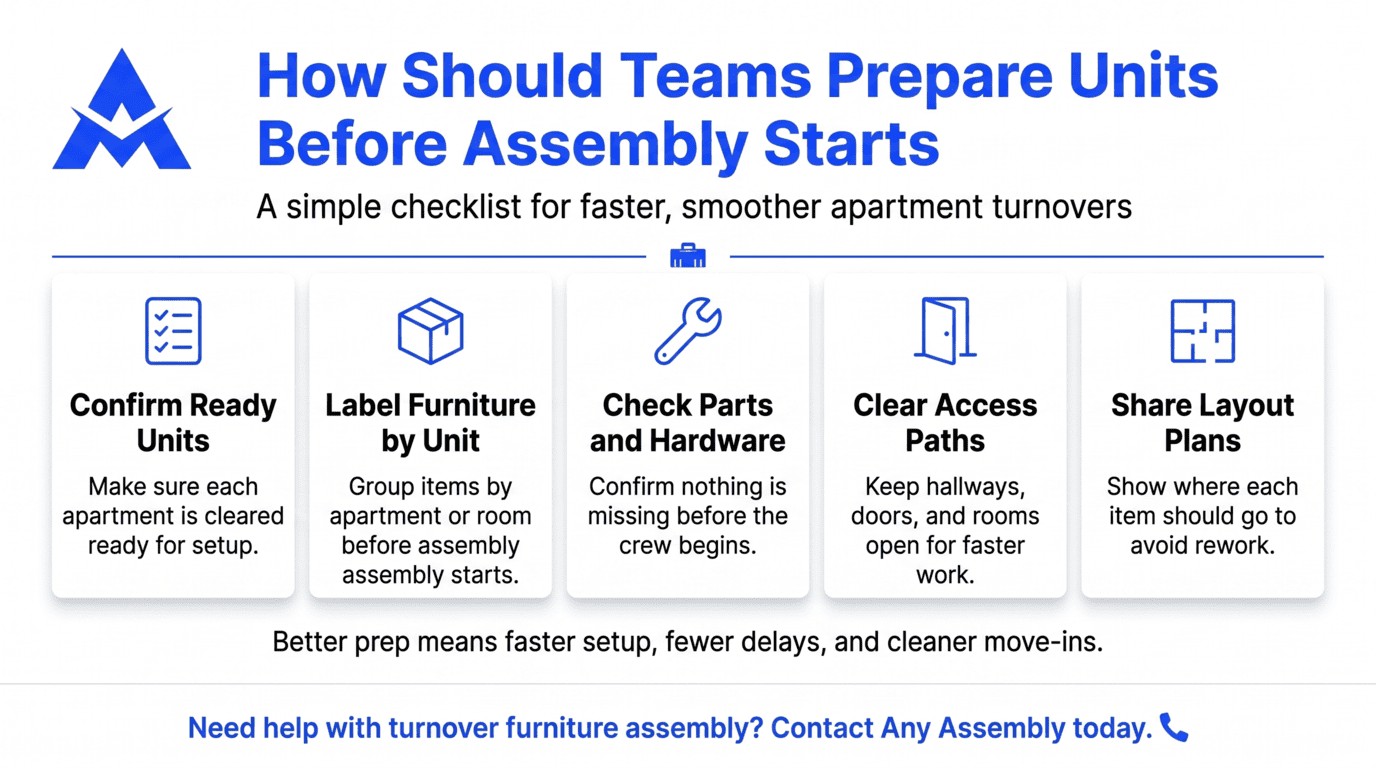 Blue checklist infographic on preparing units before assembly starts, with five preparation steps across the top