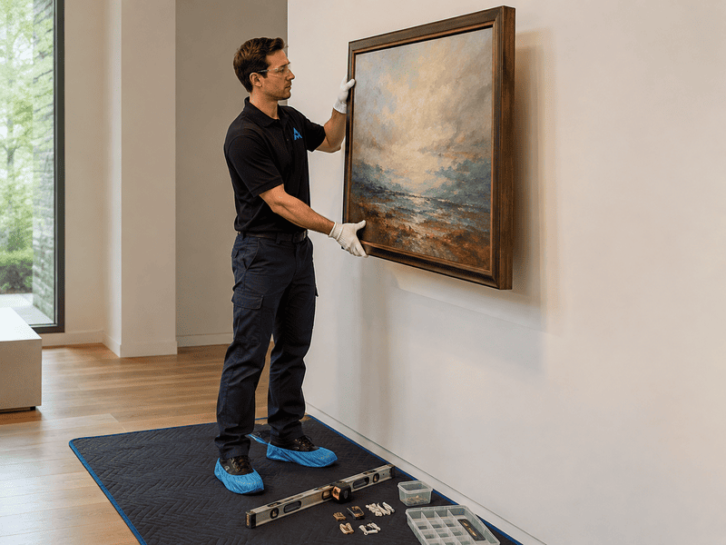 Man hanging a large framed painting on a white wall beside tools on the floor