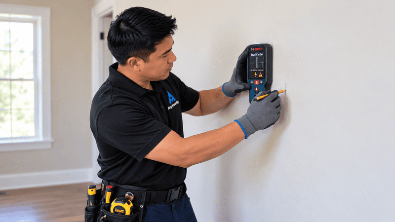 Technician using a digital multimeter to test an electrical panel on a wall in a bright room