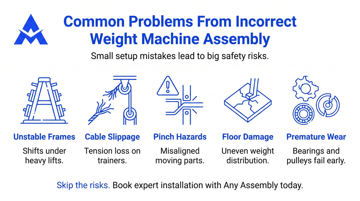 Blue infographic: common problems from incorrect weight machine assembly with five hazard icons.