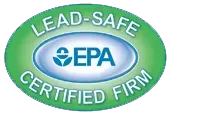Green EPA “Lead-Safe Certified Firm” oval badge logo with blue center text Green EPA “Lead-Safe Certified Firm” oval badge logo with blue center text